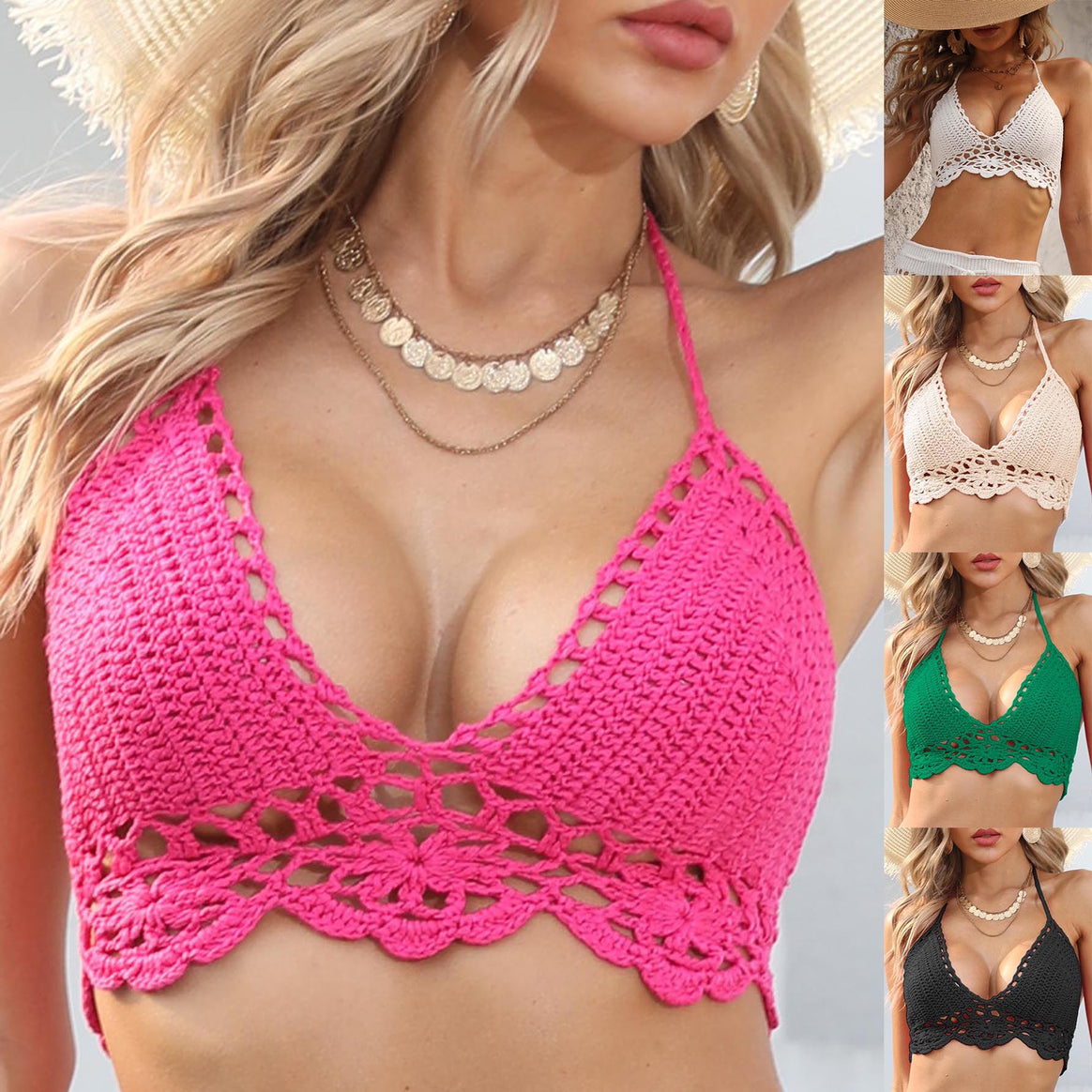 Women crocheted top with deep V-neckline and decorative accents Mune Fashion