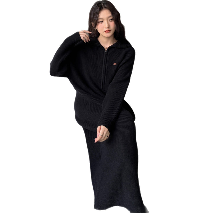 Women's Ribbed Hooded Knitted Maxi Dress with Half Zipper and Wide Fall Mune Fashion