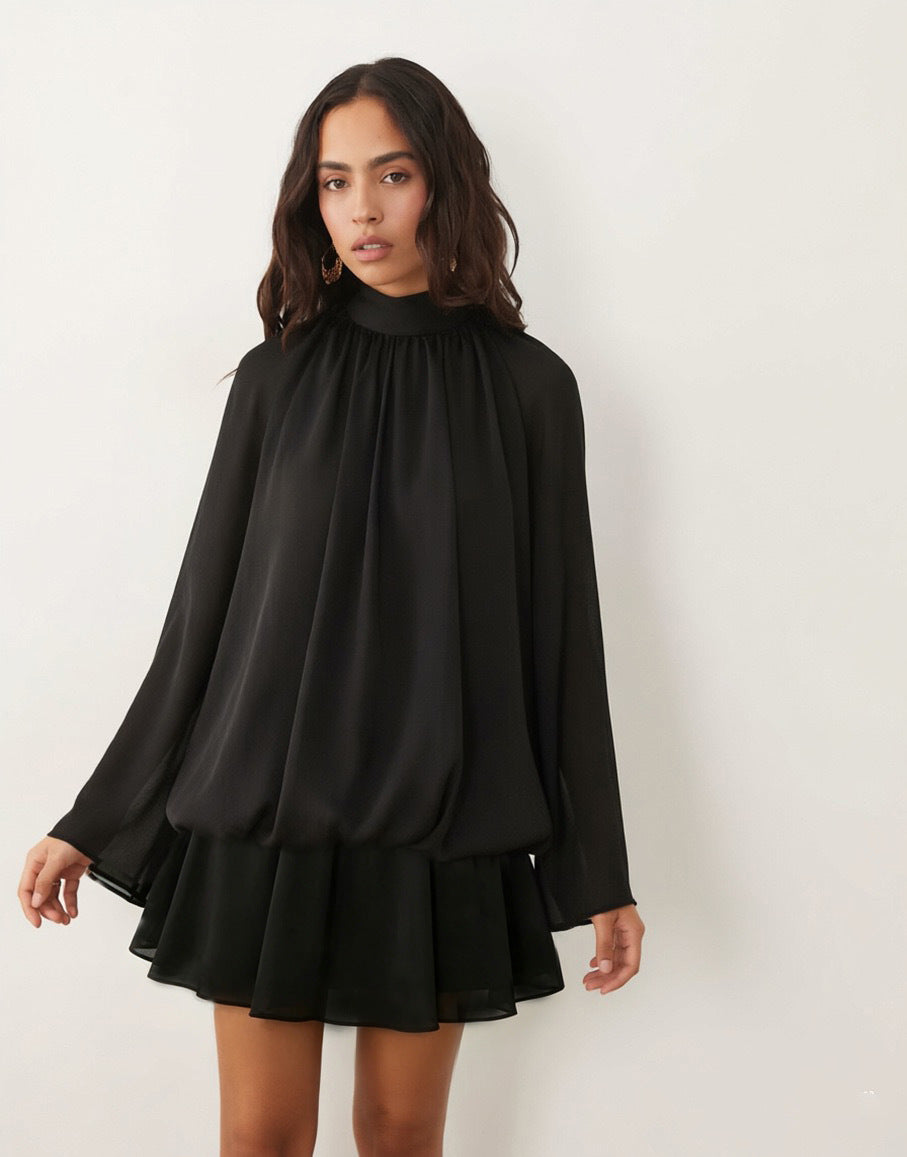 Women's chiffon mini dress with gathered blouse tunic, stand-up collar, and flounce skirt Mune Fashion