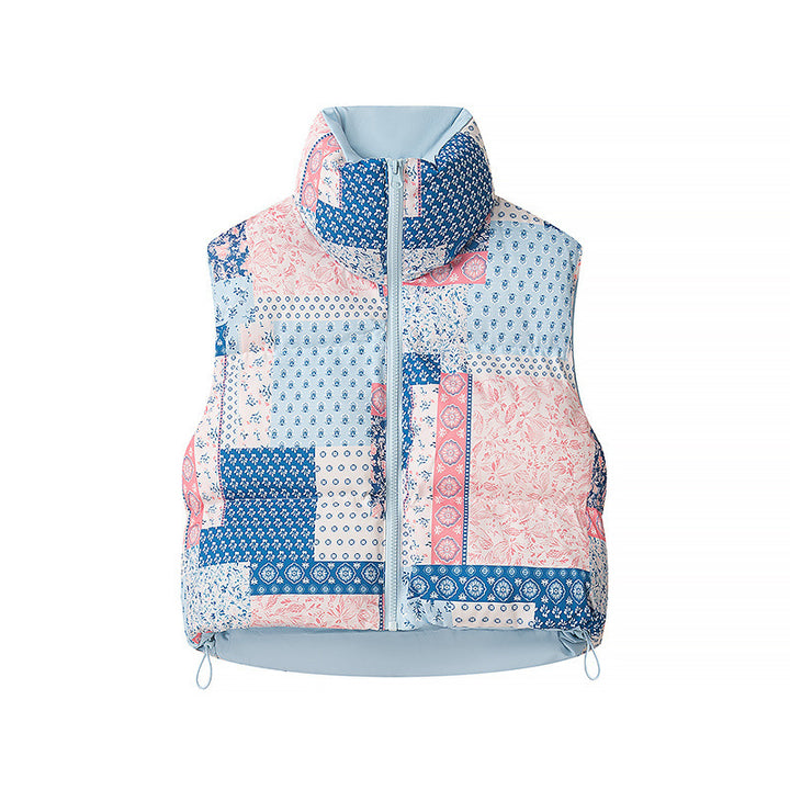 Women short cut quilted vest with stand-up collar and floral pattern Mune Fashion