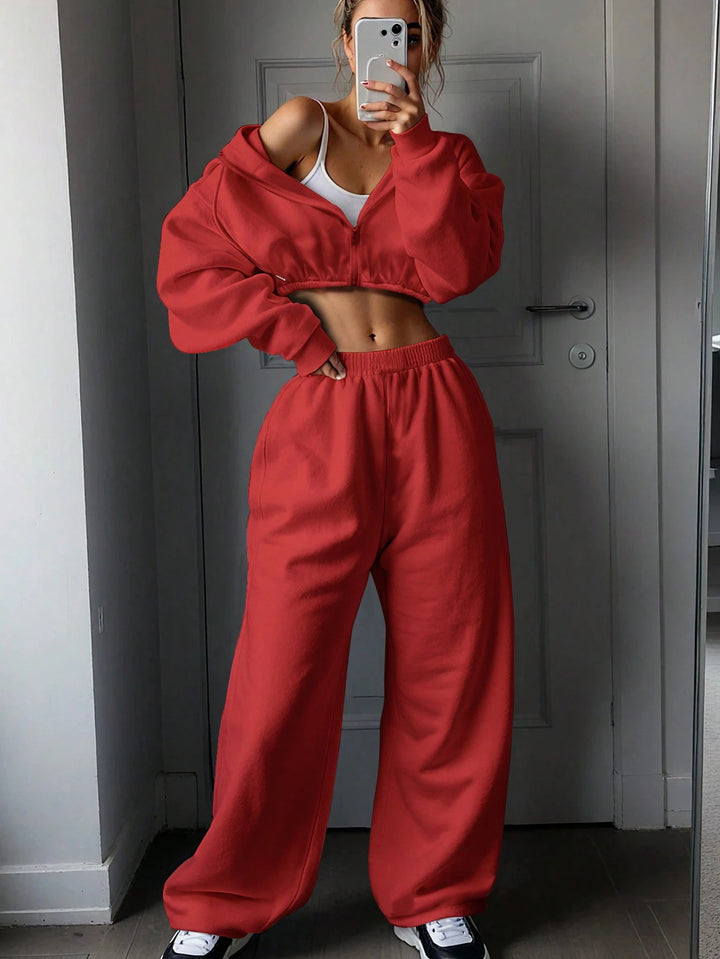 Ladies nan short zip hoodie cropped sweatshirt with drawstring, attached balloon sleeves and elastic hem Mune Fashion