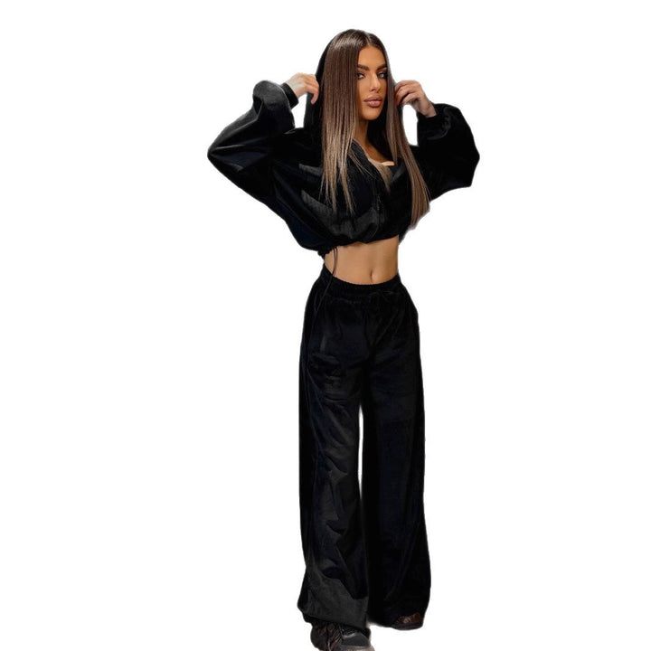 Women's luxurious velour cropped hoodie and high-waist wide jogger pants set Mune Fashion