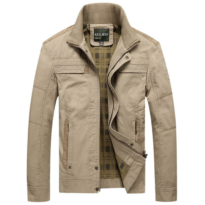 Men's canvas transition jacket with ribbed collar, concealed zipper, and checkered lining Mune Fashion