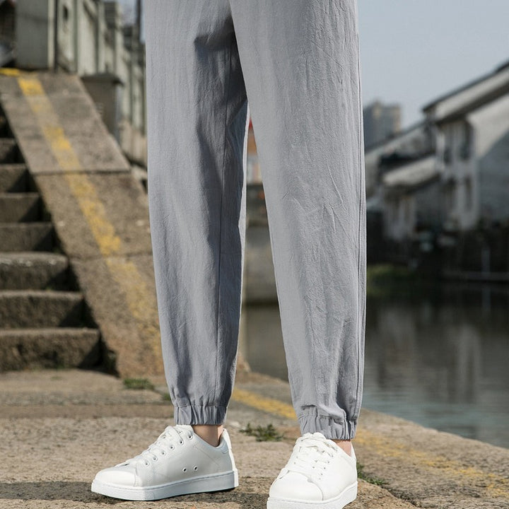Men's Nan Tapered Linen-Cotton Joggers with Drawstring, Elastic Ankle Cuffs and Slim Silhouette Mune Fashion