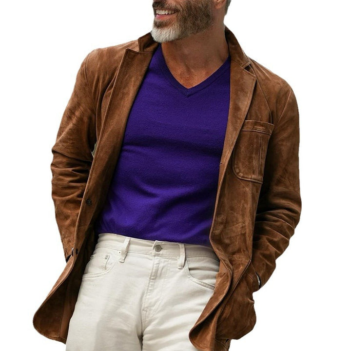 Men's Fitted Suede Blazer with Patch Pockets and Single-Button Closure Mune Fashion