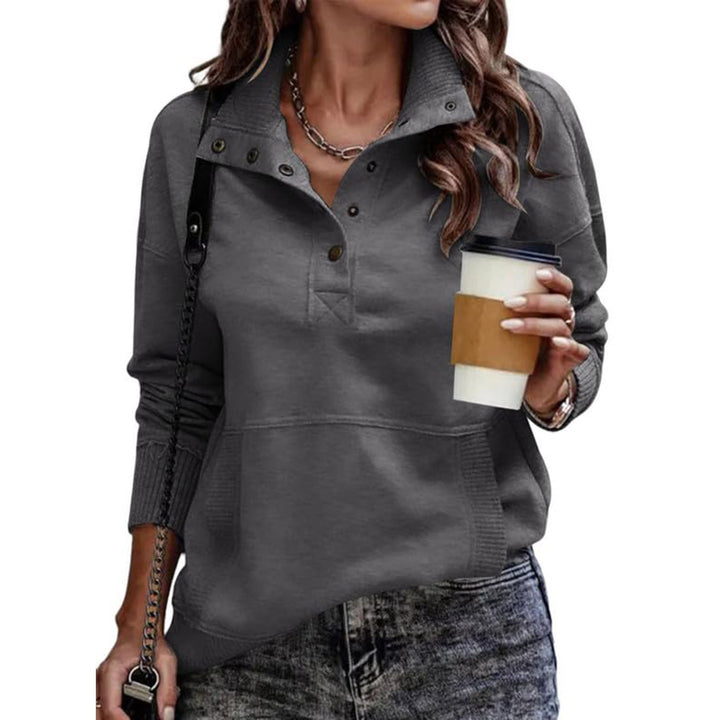Women's sweat pullover with stand-up collar button placket and kangaroo pocket Mune Fashion