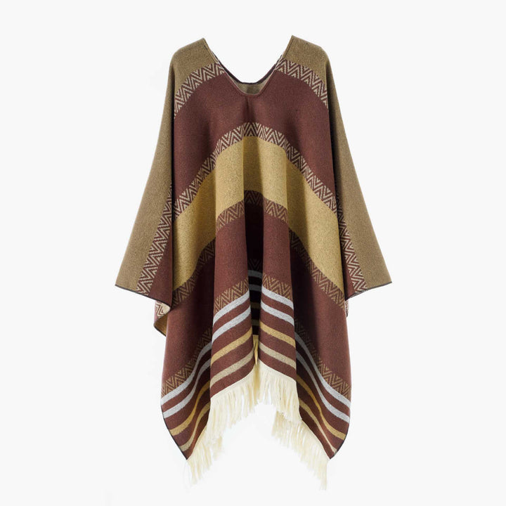 Women Oversize Poncho-Cape with V-neck and Fringe Hem Mune Fashion