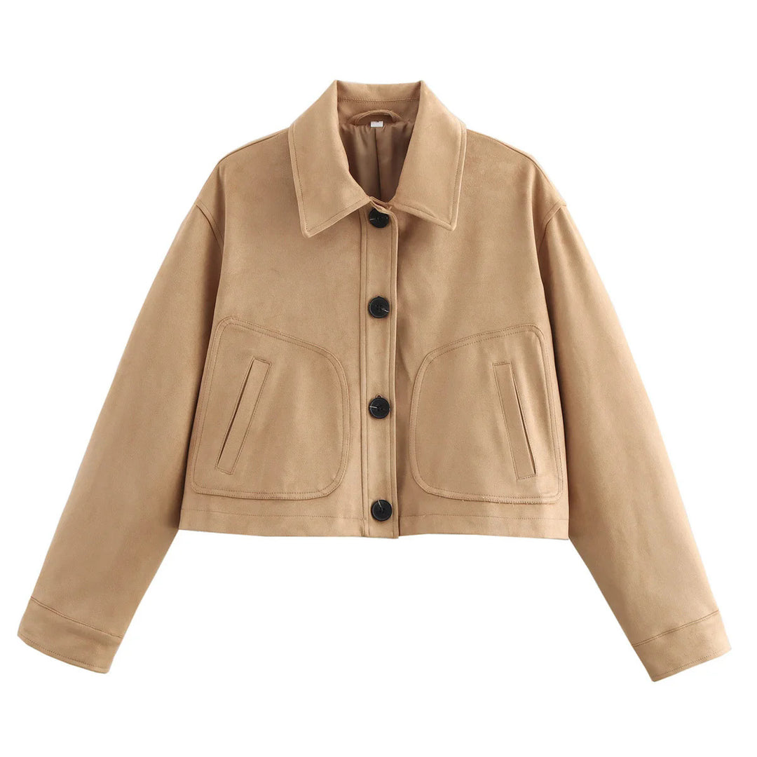 Women's short oversized suede imitation jacket with large shirt collar and patch pockets Mune Fashion