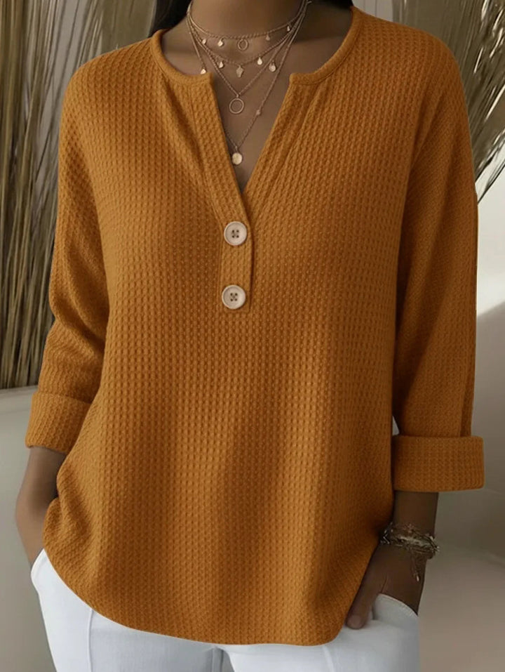 Women's waffle texture Henley shirt with V-neck, short button placket, and roll-up 3/4 sleeves Mune Fashion