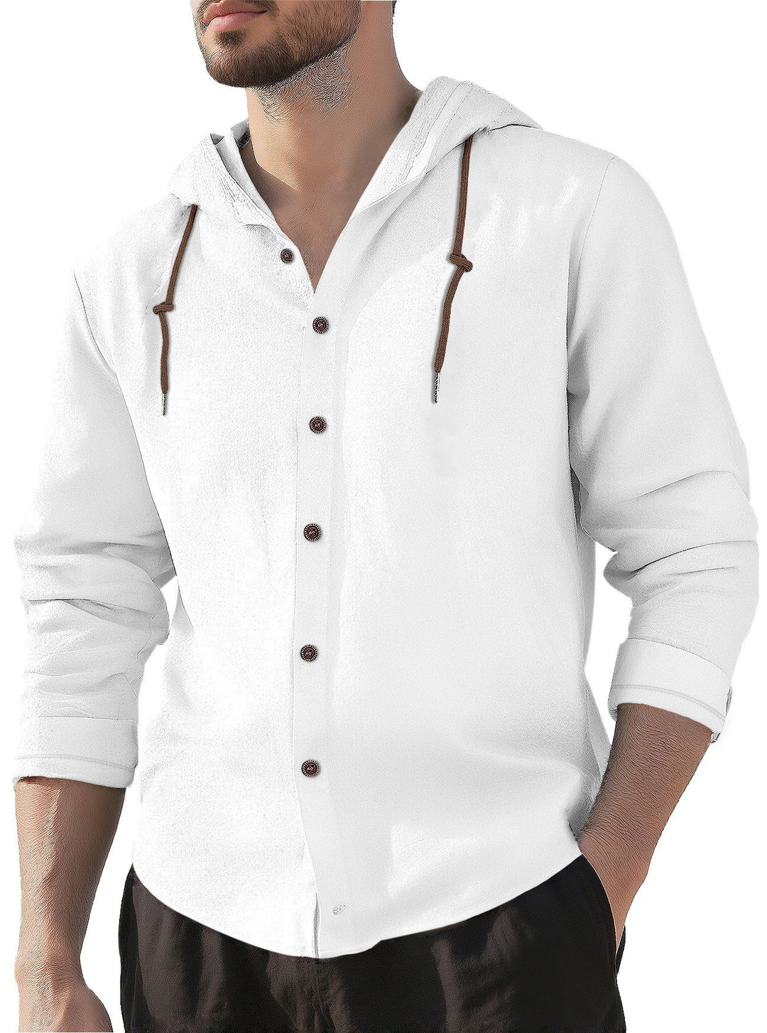 Men's hooded shirt in linen look with button placket and drawstring Mune Fashion