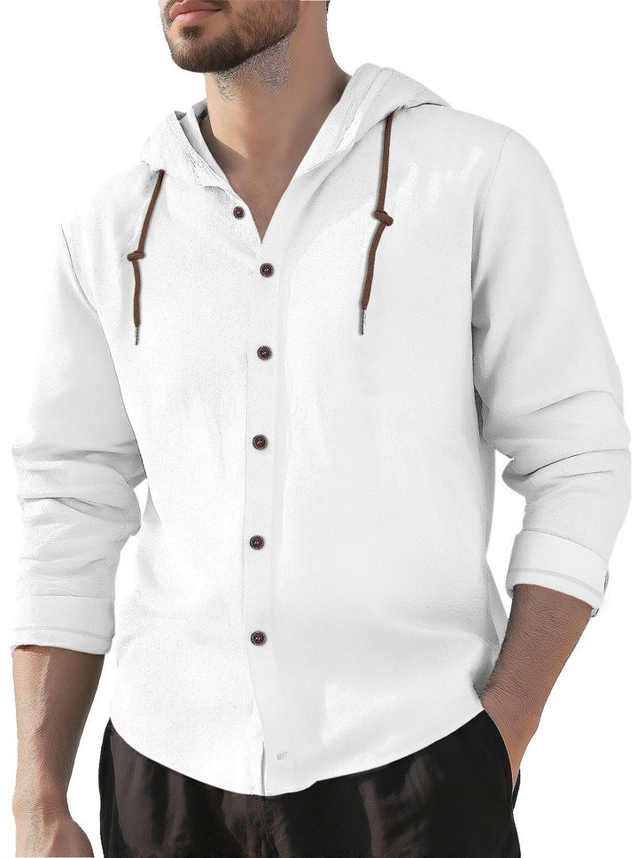 Men's hooded shirt in linen look with button placket and drawstring Mune Fashion