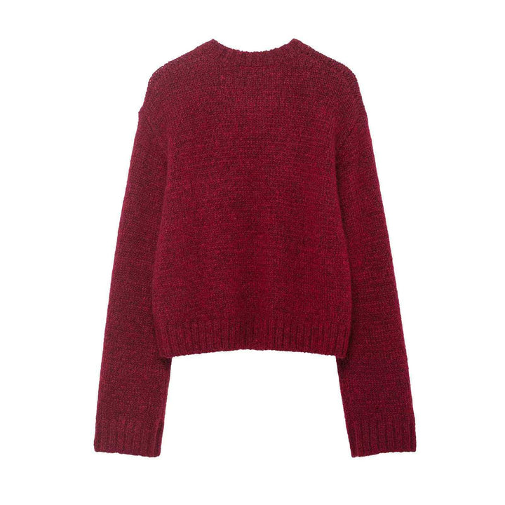 Women’s short-cut chunky knit sweater with dog motif, round neckline and elastic ribbed hem Mune Fashion