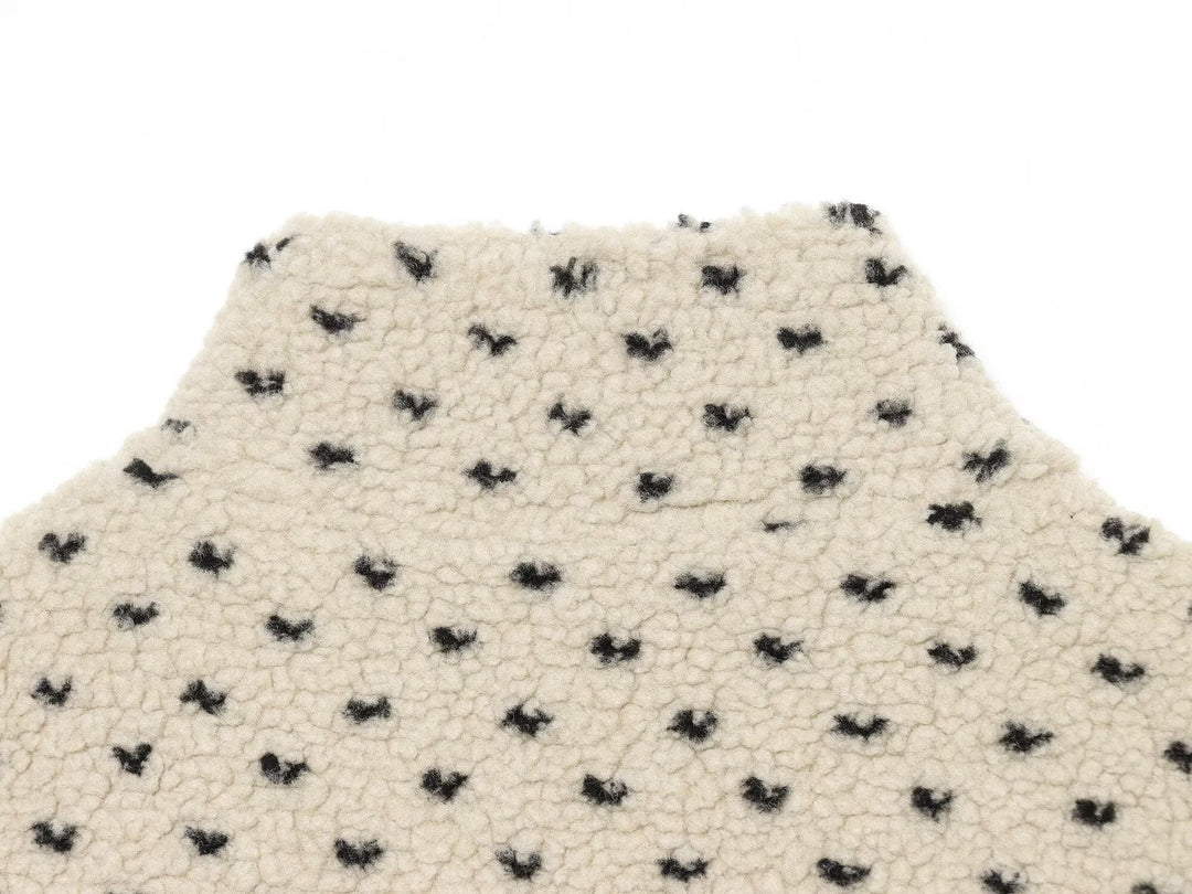Women Short Teddy Jacket with Stand Collar and Polka Dot Pattern Mune Fashion