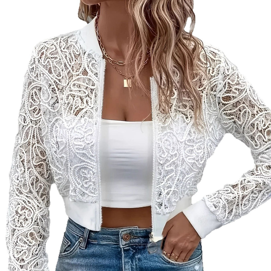 Women's Cropped Lace Bomber Jacket with Floral Crochet Look and Ribbed Cuffs Drune