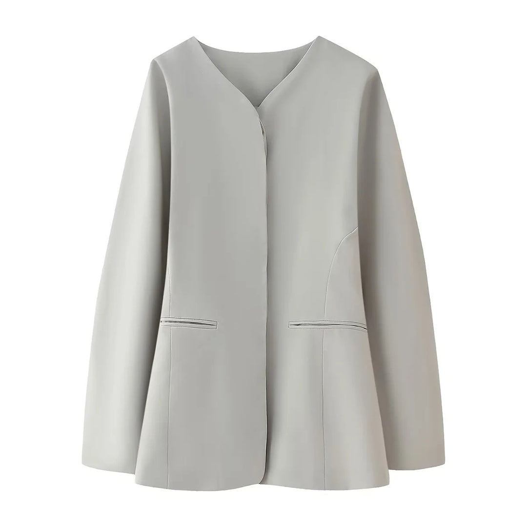 Women's minimalist V-neck blazer jacket with concealed placket and narrow welt pockets Mune Fashion