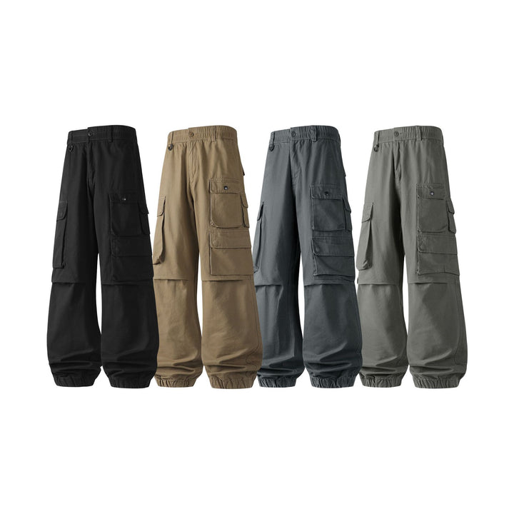 Men's Wide Convertible Cargo Pants in Tactical Street Style with Multiple Flap Pockets and Elastic Ankle Cuffs Drune