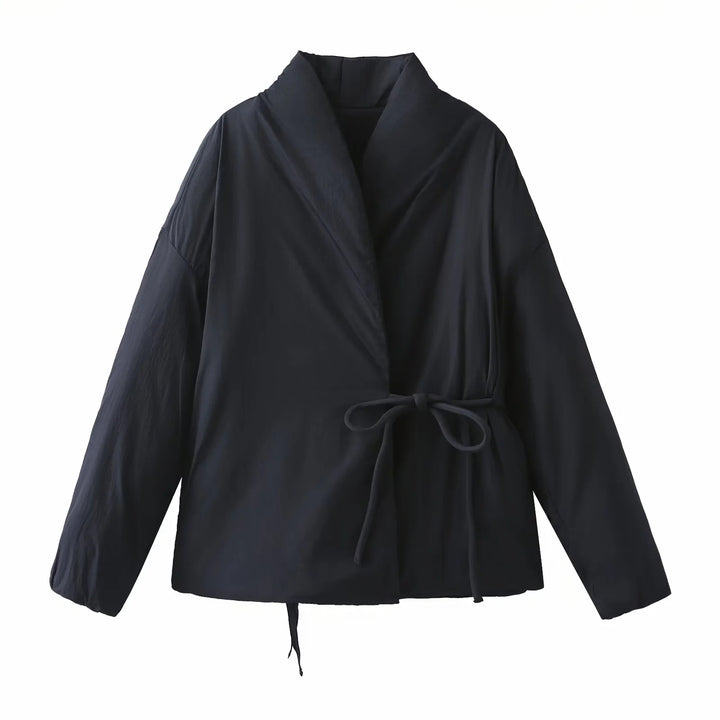 Women's tailored wrap jacket with shawl collar, tie belt and boxy sleeves Mune Fashion