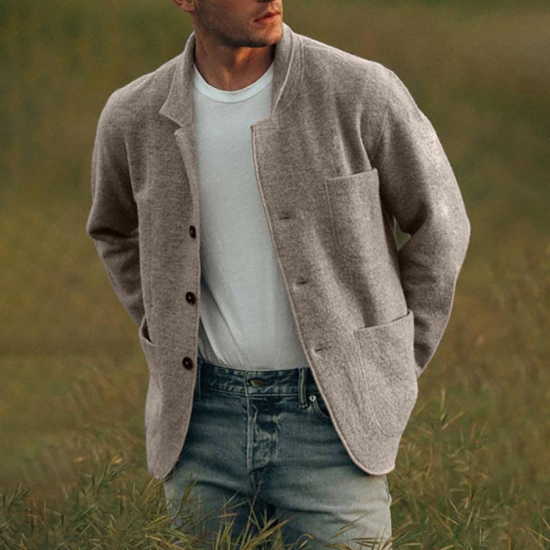 Men's Unstructured Wool-Blend Cardigan Blazer with Button Placket and Patch Pockets Mune Fashion
