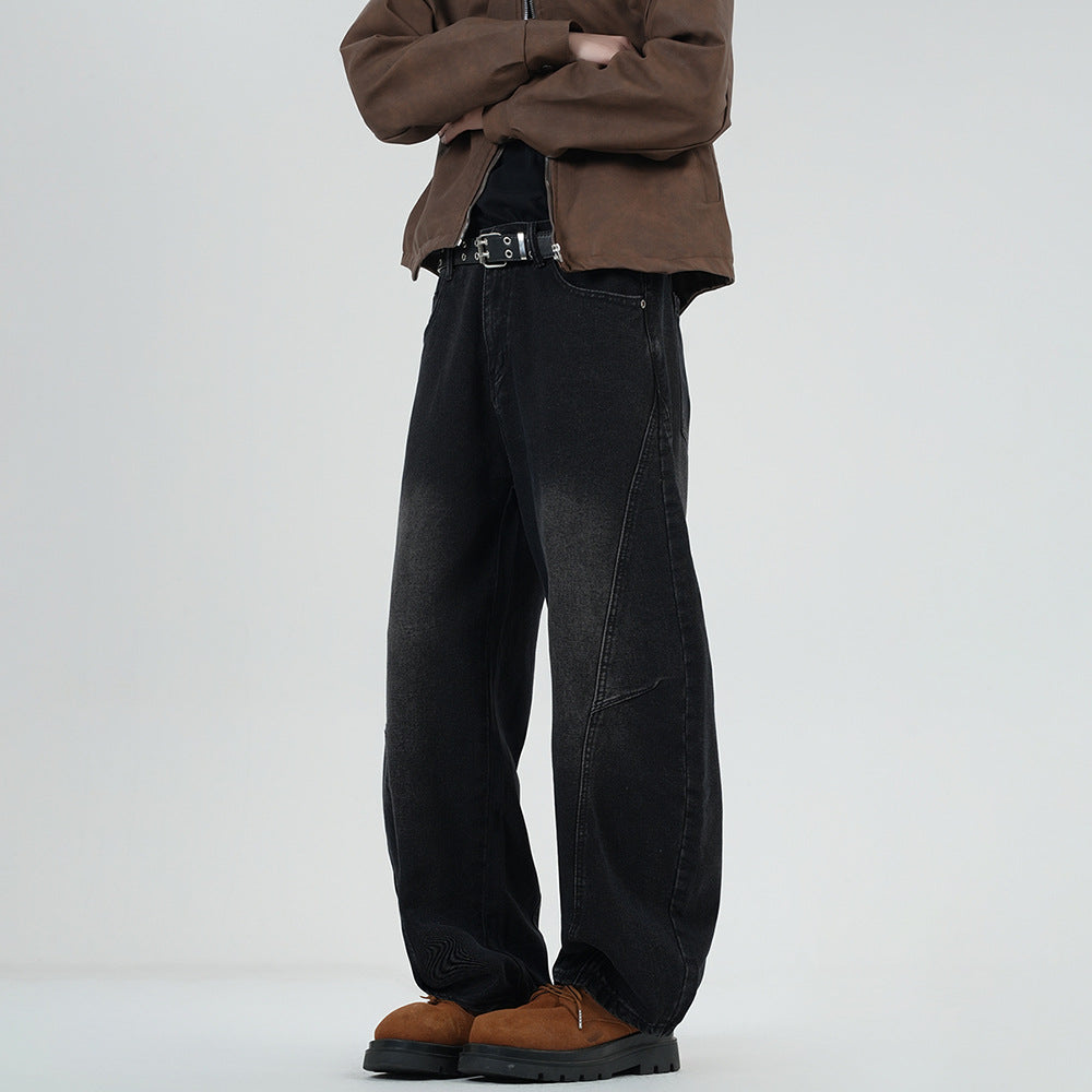 Men's Wide Stonewashed Panel Denim Pants with Drop Crotch and Distinctive Decorative Stitching Mune Fashion