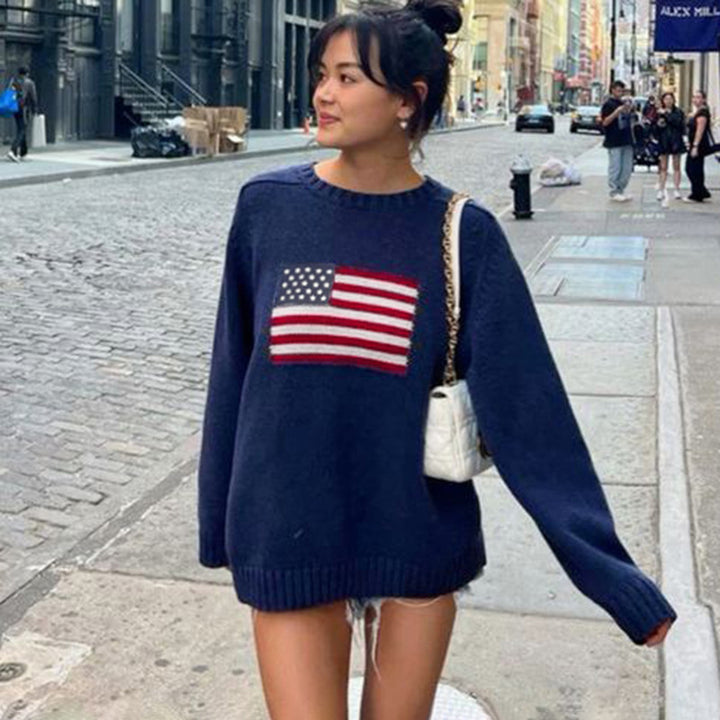 Ladies Cozy Cotton Blend Knit Sweater with Round Neck and Knitted Flag Application Mune Fashion