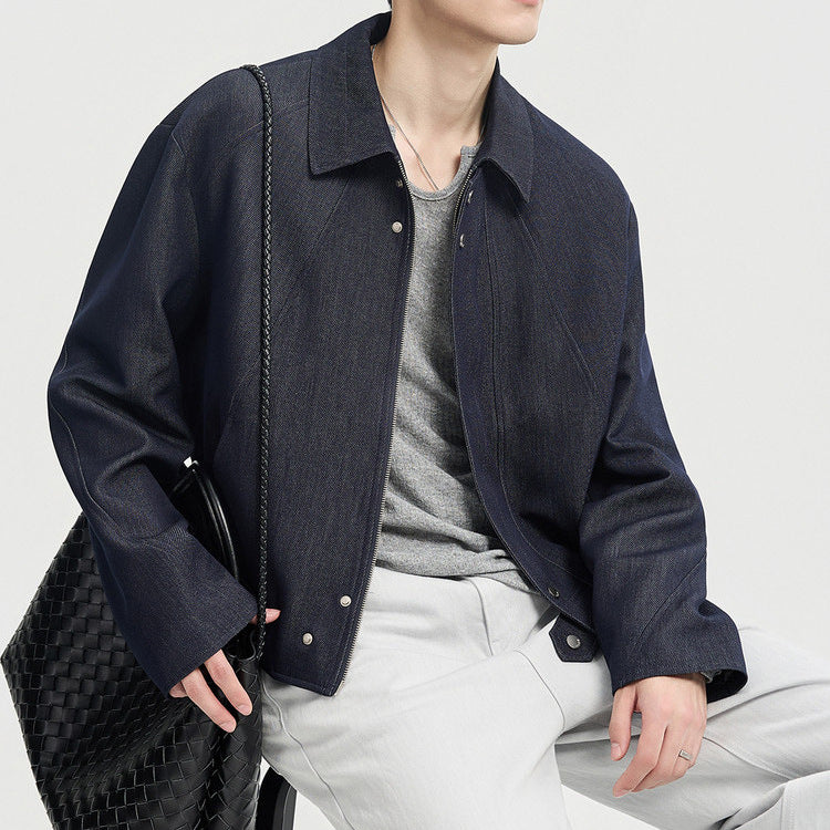 Men's Boxy Denim Jacket in Minimal Style with Shirt Collar and Concealed Snap Placket Mune Fashion