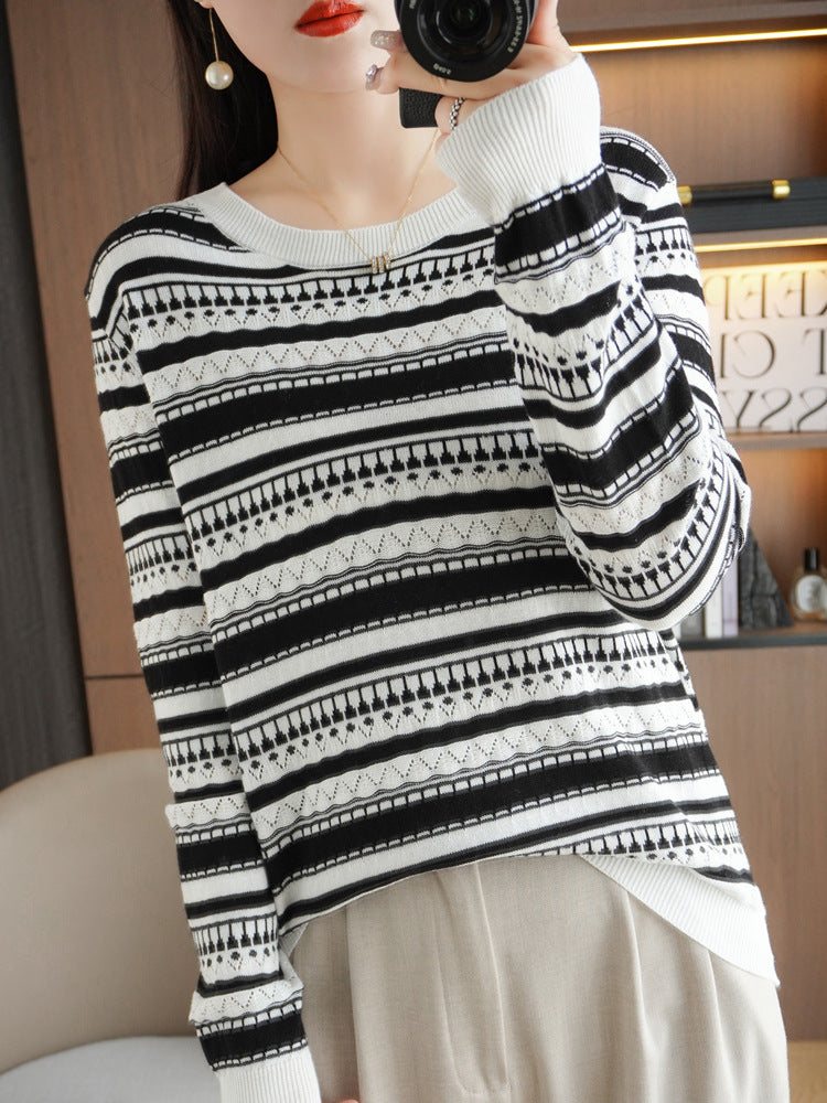 Women Lightweight Round Neck Fine Knit Sweater with Geometric Eyelet Stripe Pattern Mune Fashion