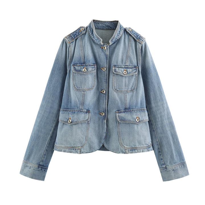 Women's lightweight denim jacket with stand-up collar, shoulder flaps, and four flap pockets Mune Fashion