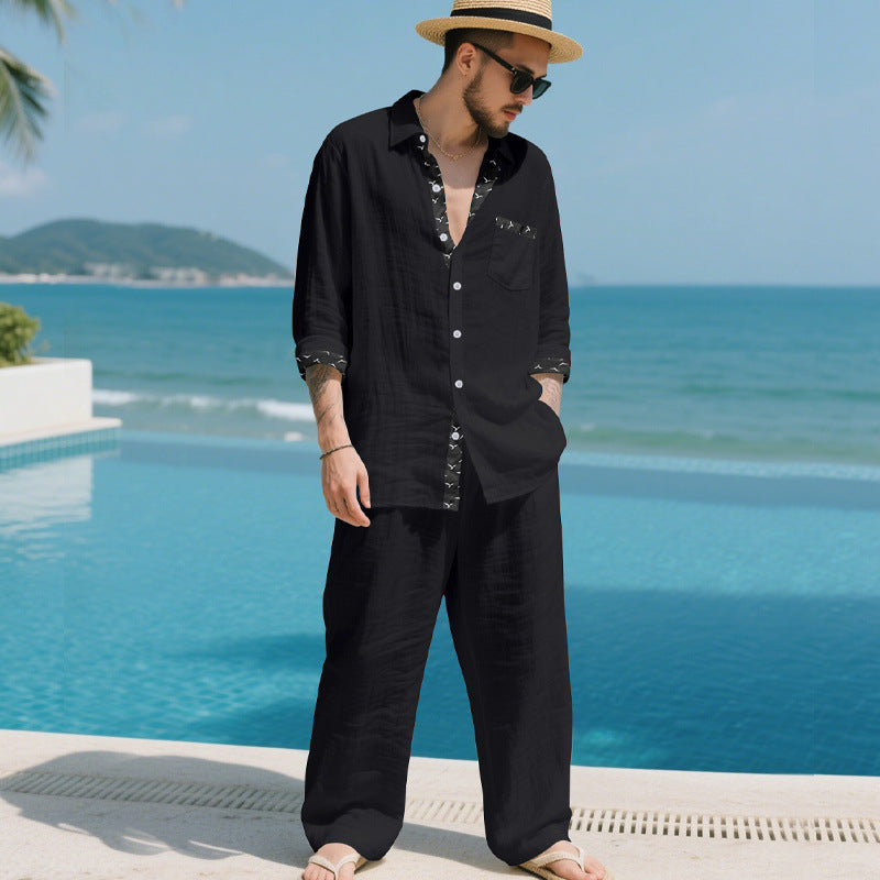 Men's Linen Look Loungewear Set with Drawstring Pants and Open Shirt Jacket Mune Fashion