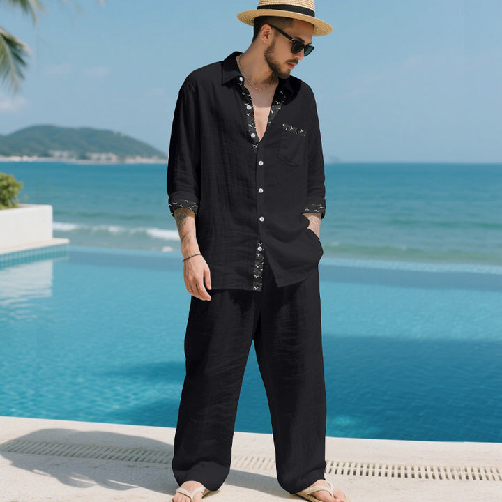 Men's Linen Look Loungewear Set with Drawstring Pants and Open Shirt Jacket Mune Fashion