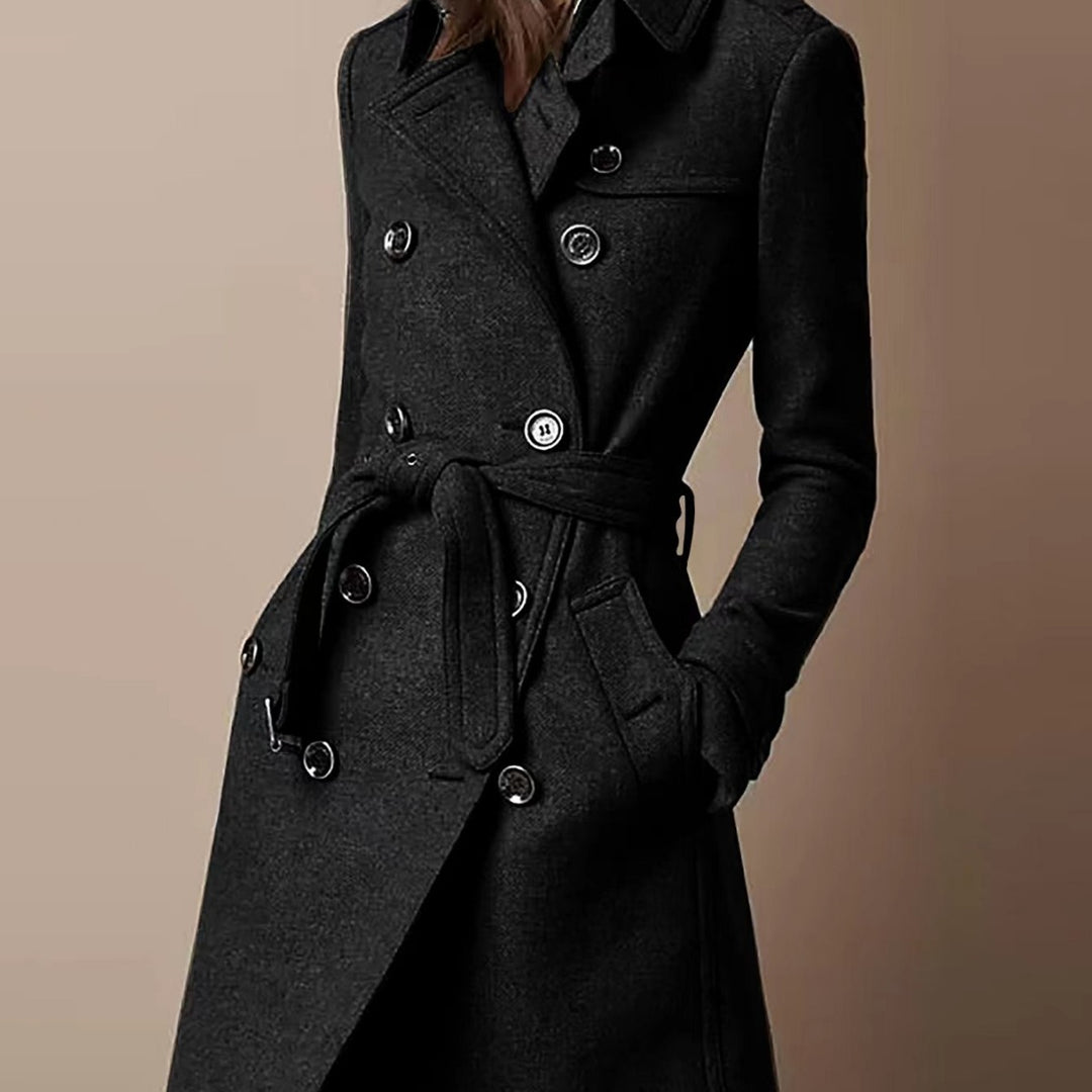 Women's Double-Breasted Wool Blend Trench Coat with Waist Belt Mune Fashion