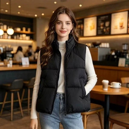 Women's short padded puffer jacket with high stand-up collar and practical side pockets Mune Fashion