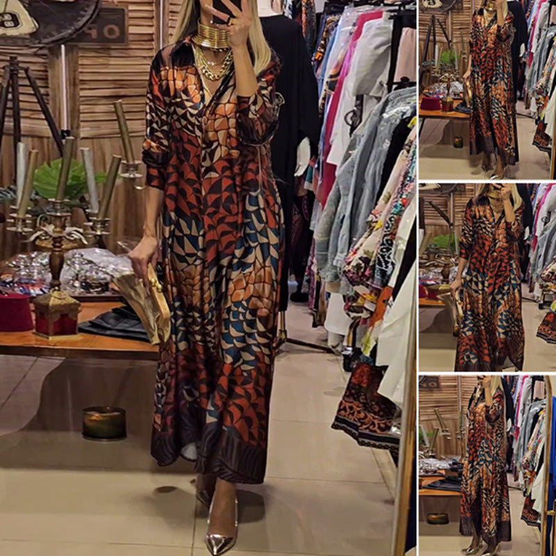 Women's flowing satin shirt dress with shirt collar, geometric mosaic print, and casual maxi length Mune Fashion