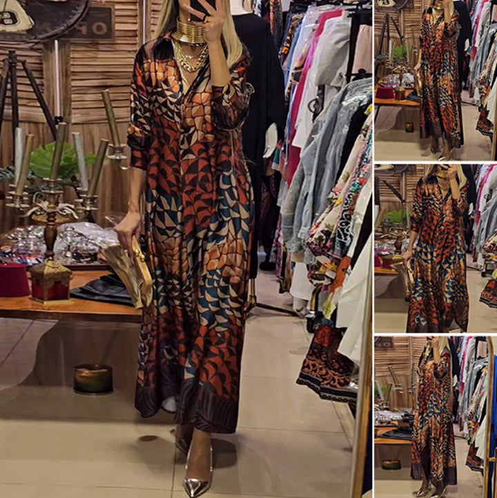 Women's flowing satin shirt dress with shirt collar, geometric mosaic print, and casual maxi length Mune Fashion