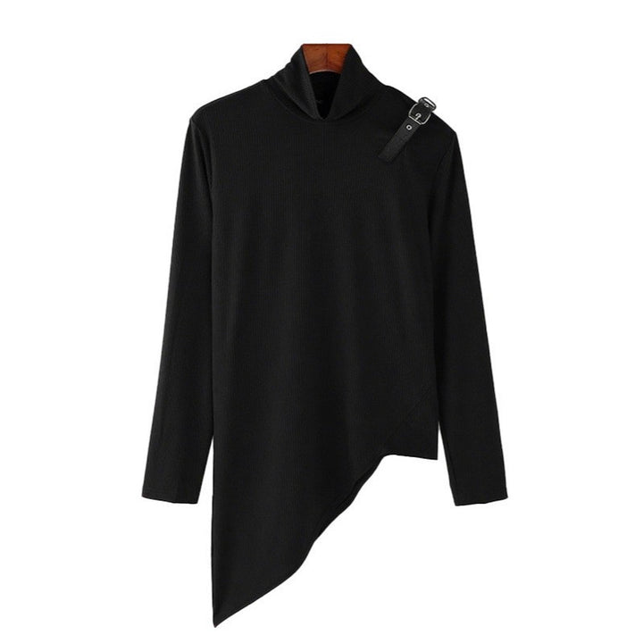 Women's asymmetrical long sleeve top made of fine knit with stand-up collar, diagonal hem, and adjustable shoulder strap Mune Fashion
