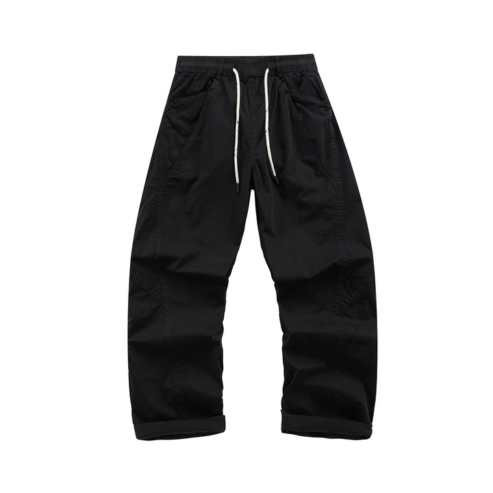 Men's Loose Fit Casual Pants with Elastic Drawstring Waistband, Diagonal Pocket Design, and Knee Panels Drune