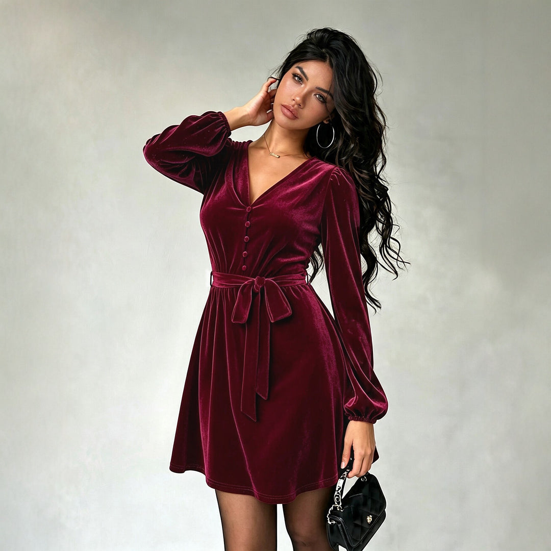 Women's elegant velvet mini dress with V-neck, button placket, balloon sleeves, and waist belt.