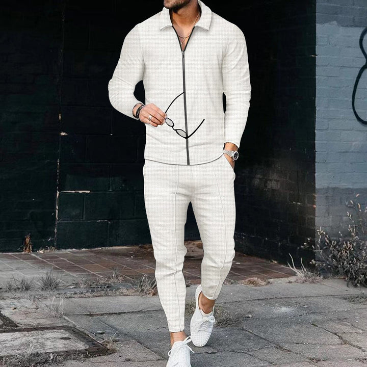 Men's casual waffle texture tracksuit with shirt collar, concealed zipper and drawstring pants Mune Fashion
