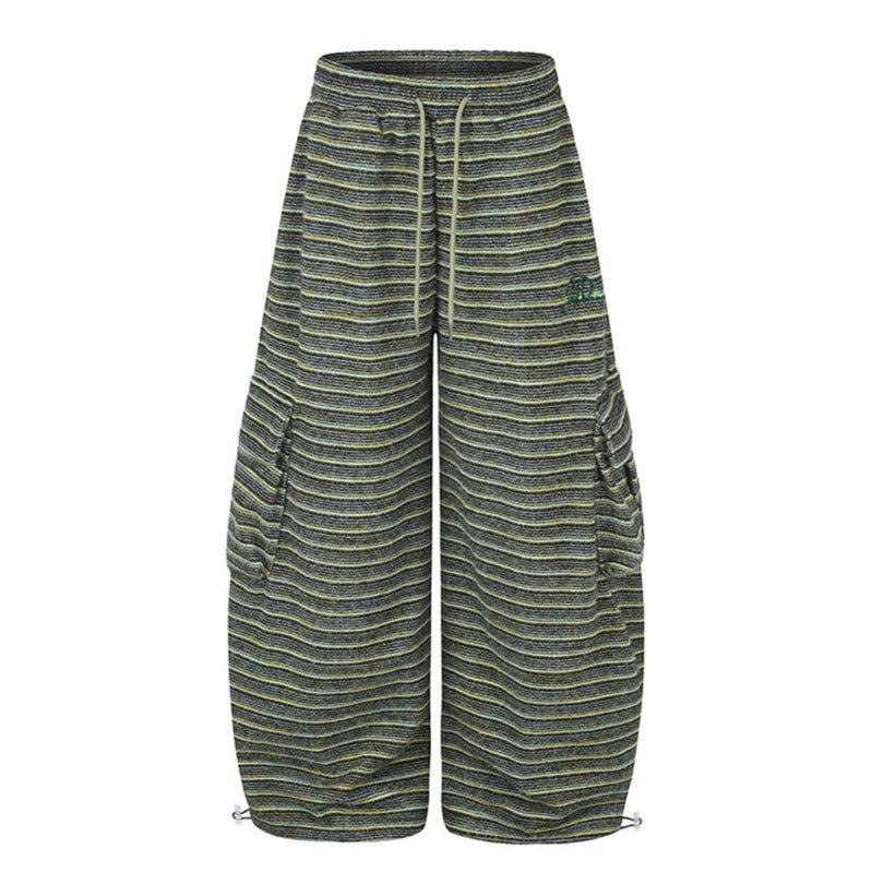 Women's Wide Palazzo Cargo Pants with Drawstring Waistband, Adjustable Hem Cords, and Striped Jacquard Structure Mune Fashion