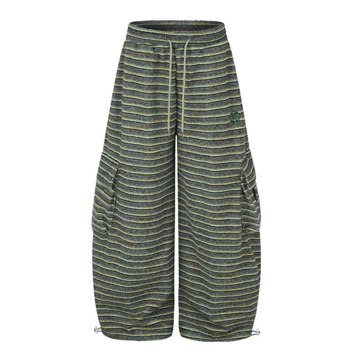 Women's Wide Palazzo Cargo Pants with Drawstring Waistband, Adjustable Hem Cords, and Striped Jacquard Structure Mune Fashion