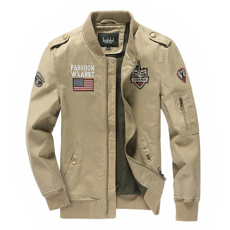 Men's military-inspired bomber jacket with embroidered patches, sleeve pocket, and elastic ribbed cuffs Mune Fashion