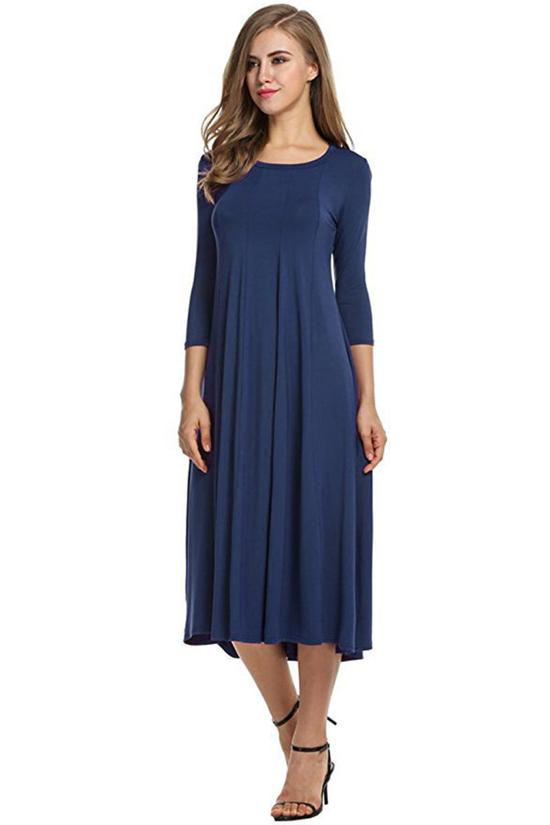 Women's Long A-Line Midi Dress made of Stretch Jersey with Three-Quarter Sleeves and Side Pockets Mune Fashion