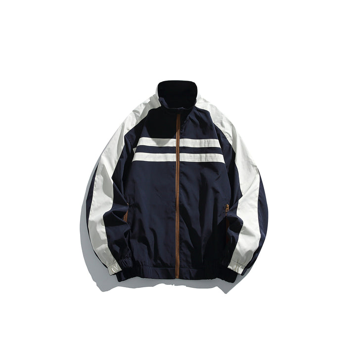 Unisex Sportive Track Jacket in Retro Windbreaker Design with Stand-Up Collar and Contrast Stripes Mune Fashion