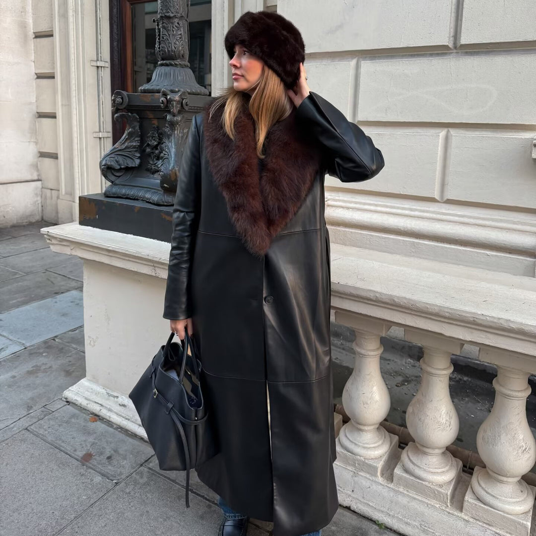 Women Long Leather Coat with Removable Fur Collar and Minimalist Silhouette Mune Fashion