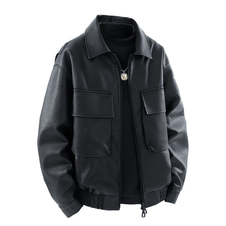Men's faux leather bomber jacket with large patch flap pockets, concealed zipper, and elastic hem Mune Fashion
