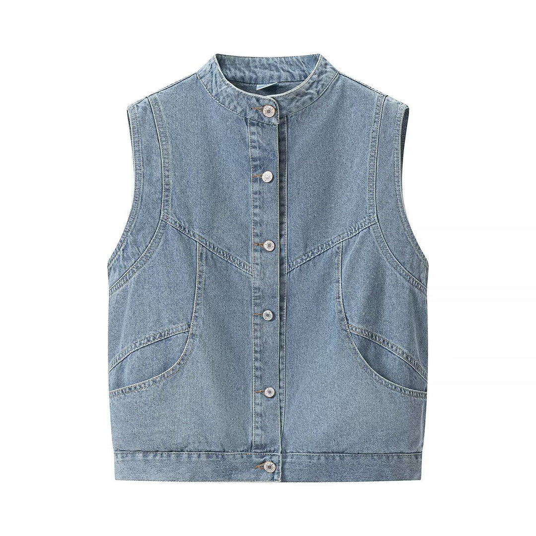 Women's jeans vest with stand-up collar, full-length button placket, and patch pockets Mune Fashion
