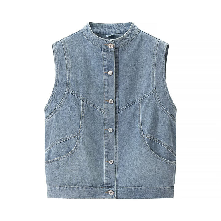 Women's jeans vest with stand-up collar, full-length button placket, and patch pockets Mune Fashion