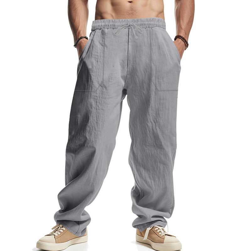 Men's Loose Linen Look Casual Pants with Elastic Waistband and Patch Pockets