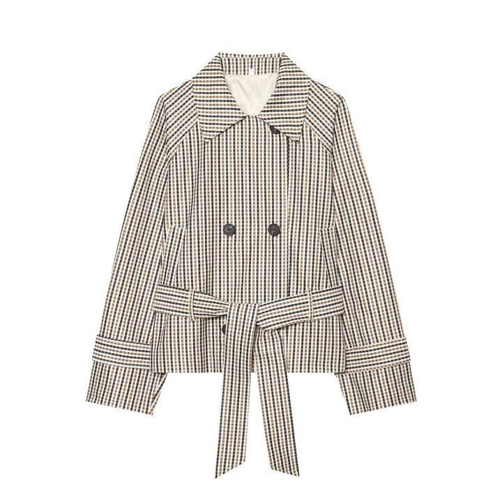 Women Short Tailored Double-Breasted Trench Coat with Check Pattern and Belt Mune Fashion