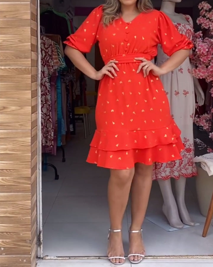 Women's knee-length ruffle dress with waist belt, V-neckline and gathered puff sleeves Mune Fashion