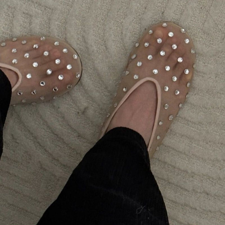 Women's Transparent Mesh Ballerinas with Rhinestone Detail and Padded Insole Mune Fashion